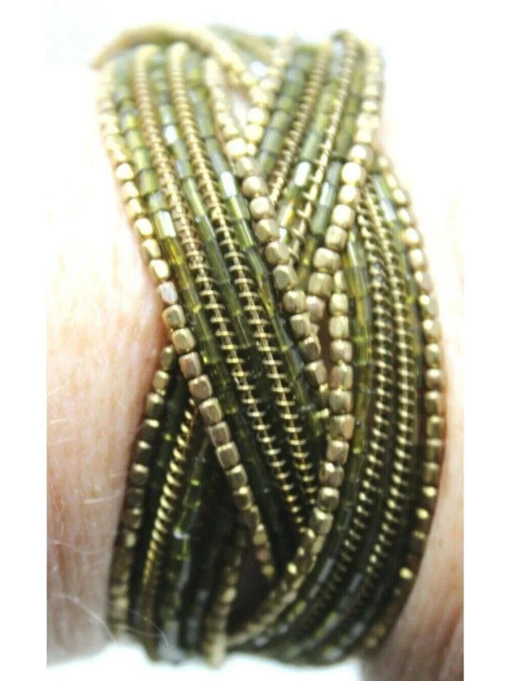 Shades of Brown & Green Bead Braided Flexible Wide Cuff Bracelet 7 1/2" L #J-7WP - Picture 2 of 6